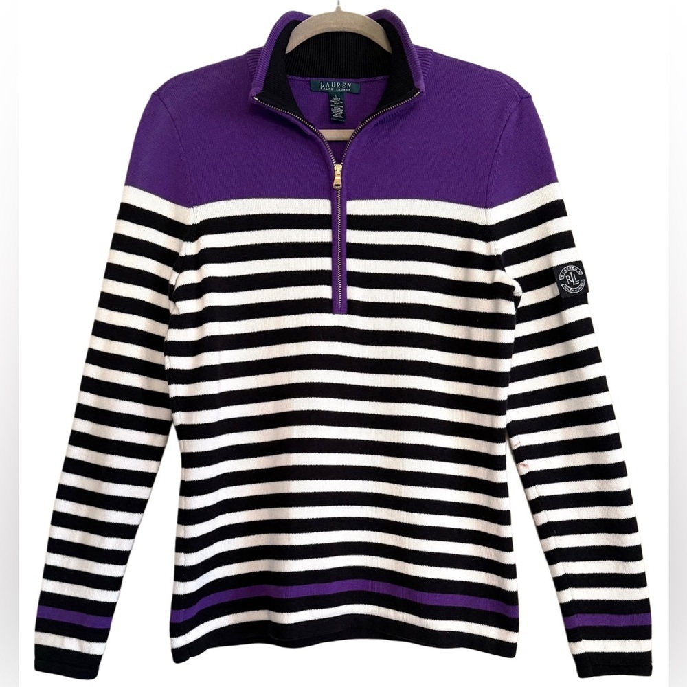 LAUREN RALPH LAUREN Preppy Classic Casual Striped 1/4 Zip Pullover Sweater Sz L